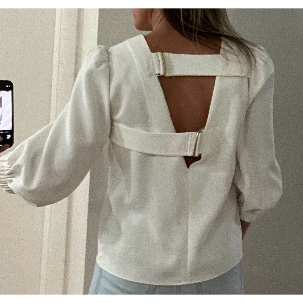Tibi White Blouse Shirt 3/4 Puff Sleeve Partial Open Back Straps - Picture 2 of 11
